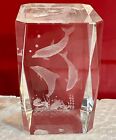Dolphins Solid Cube Paperweight Crystal Glass New Etched Swimming