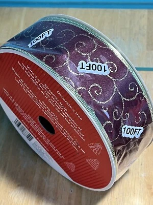 Satin Wire-Edged Craft Ribbon Burgandy with Gold Wire Trim & Swirls, 100’ x 2” - Image 1 of 4