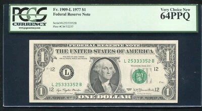 FR. 1909-L 1977 $1 FRN “RADAR S/N L25333352B” SAN FRANCISCO, CA PCGS UNC-64PPQ - Image 1 of 2