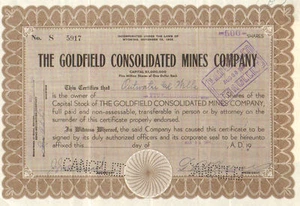 Goldfield Consolidated Mines 1930s 1940s Wyoming old stock certificate - Picture 1 of 1