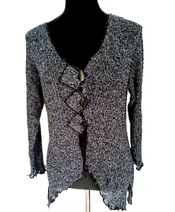 Tanami Sweater Asymmetric Leaf Buttons Black Marled with Light Blue - Picture 1 of 4