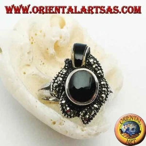 Anillo de Plata 925‰ Ónix Ovalados Rodeado De Marcasita Y Banda De Ónix - Imagen 1 de 3