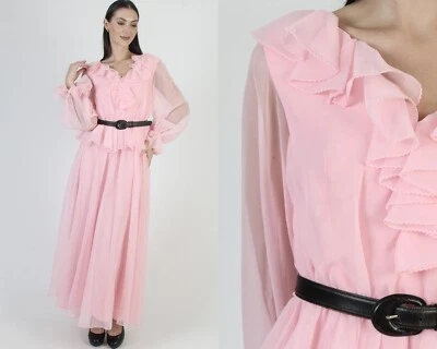 Vintage Cotton Candy Pink Chiffon Dress Sheer Slv Ruffle Party Peplum Maxi Gown - Image 1 of 4