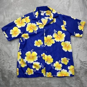 Vtg Hilo Hattie Shirt Mens Large Blue Hawaiian Orchid Flower Beach Resort Aloha - Picture 1 of 15