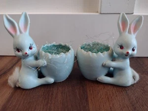 Vintage Pair Napco Blue Easter Spring Bunny Rabbits Eggs Anthropomorphic Kitsch - Picture 1 of 9
