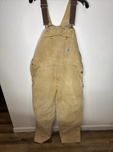 Vintage Carhartt Bib Overalls Mens 46x30 Brown Duck Canvas Double Knee USA Made - Picture 1 of 18