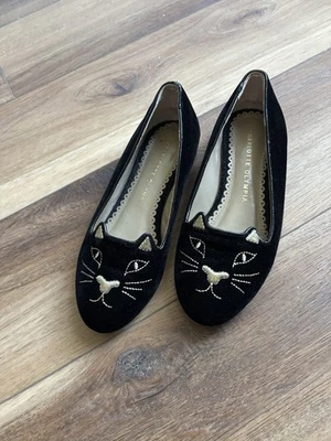 Charlotte Olympia Velvet Embroidered Black Kitty Cat Face Ballet Flats 37 7 - Image 1 of 4