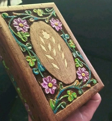 Vintage Carved Wood Hinged Keepsake Box, Inlaid Bone Flower, Handpainted - Image 1 of 4