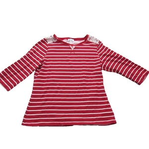 Denim & Co Shirt Womens Medium Red White Stripe Lace Shoulder 3/4 Sleeve Top - Picture 1 of 10