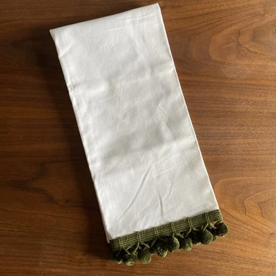 Pottery Barn White Cotton Hand Towel With Green Pom Pom Fringe Detail - Image 1 of 4