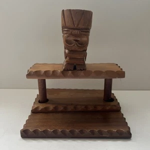 Vtg Hand Carved Wood Hawaiian Tiki Napkin Holder W/ Statue Talarico MCM Bar - Bild 1 von 12