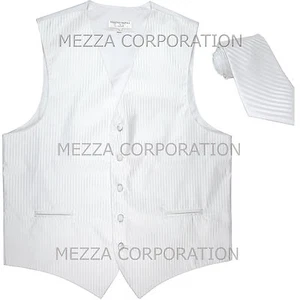 New Men's Tuxedo Vest Waistcoat Vertical Stripes Necktie prom party formal White - Picture 1 of 3