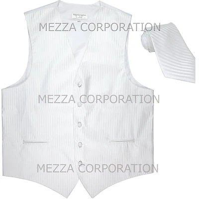 New Men's Tuxedo Vest Waistcoat Vertical Stripes Necktie prom party formal White - Image 1 of 3