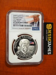 2020 CAMEROON PROOF SILVER DONALD TRUMP NGC PF70 HIGH RELIEF 1 OZ .999 W COA - Picture 1 of 4