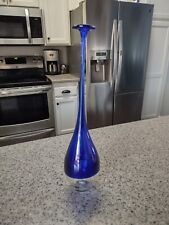 Vintage Veneto Murano Blown Art Glass Vase Clear Cobalt Long Thin Neck Beauty