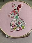 completed Embroidery Hoop Wall Hanging. Hand Made. Rabbit Fill In