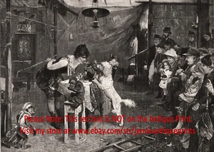 Dog Poodle Circus Performance with Trained Monkeys, Large 1890s Antique Print - Imagen 1 de 5