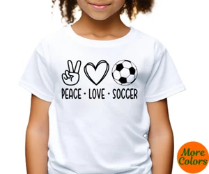 Girl’s Soccer T-Shirt – “PEACE LOVE SOCCER” Gildan Youth & Adult Unisex sizes - Picture 1 of 15