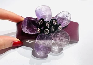 Alexandre de Paris Purple Leather Genuine Amethyst Flower Hair Clip - Picture 1 of 2