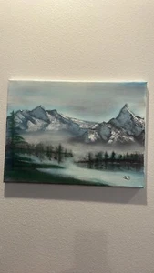 Landscape on Canvas original painting signed by artist mountain trees lake Blue - Picture 1 of 2