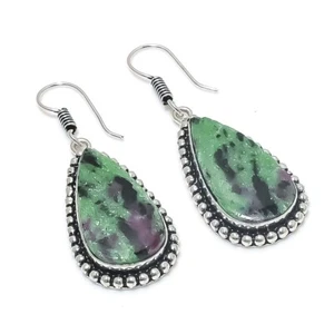 Ruby Zoisite Gemstone Handmade 925 Sterling silver Earring Size 2'' - Picture 1 of 1