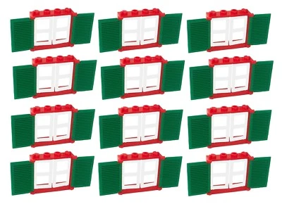☀️LEGO RED Window 1x4x3 w/ 2 WHITE Half Panes and 2 GREEN SHUTTERS x12 Bulk lot - Image 1 of 4
