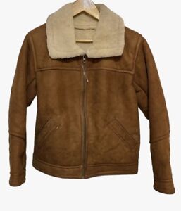 Mens Sheepskin Real Leather Bomber Jacket Shearling Coat  EUC Size S/M