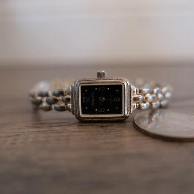 Vtg. GRUEN Sterling Silver Case & Bracelet 925 Womens Watch Black Dial GU2048 - Image 1 of 3