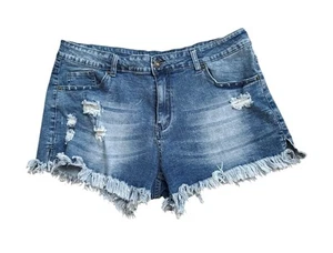 Womens Size XL Ripped Destroyed Stretch Denim Blue Jean Mini Cut Off Shorts - Picture 1 of 6