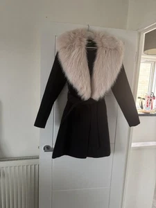 Size 10 Uk New Women Jane Norman Pink Faux Fur Trim Belted Coat Jacket Black - Picture 1 of 13