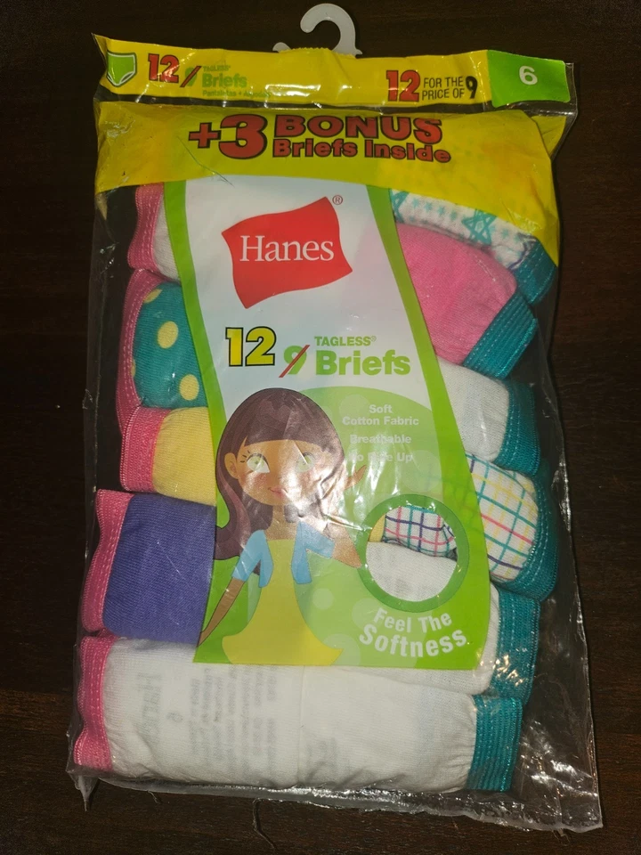 NEW Hanes Tagless Briefs Girls Size 6 Soft Cotton 12 Pack   Prints/Solids - Image 1 of 2