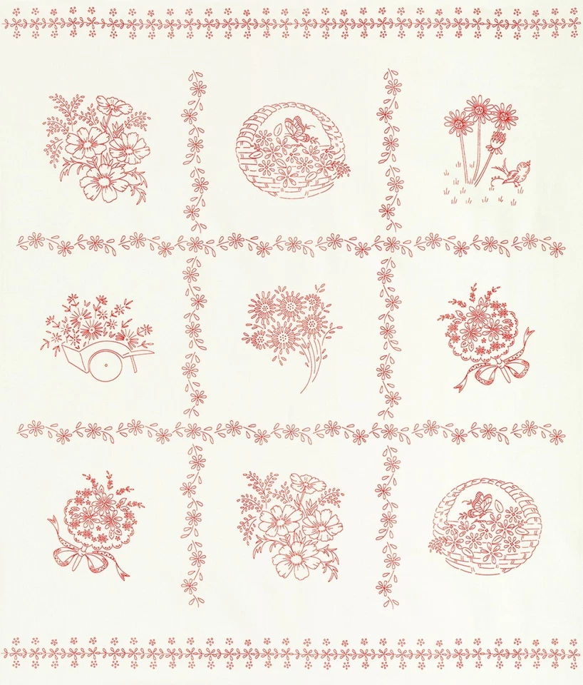 Panel Daisy Redwork de Debbie Beaves Kaufman tela de edredón de algodón 44" de ancho Foto 1 de 2