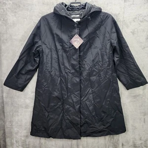 Womens Black Nylon Hooded Long Raincoat Button Down Ava & Viv Plus Size X - Picture 1 of 12