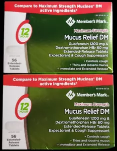 2PK Member's Mark Mucus Relief DM Controls Cough 1200MG 56 Tabs 12 HR Exp:07/25 - Picture 1 of 6