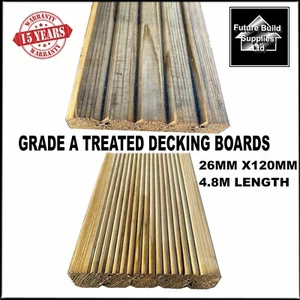 A Grade Treated Dual Sided Timber Garden Decking Boards 144mm or 120mm Wide 4.8m - Picture 1 of 4