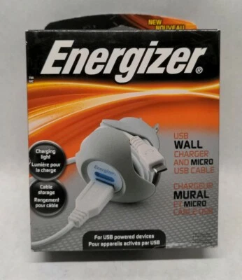 Cargador de pared USB Energizer + cable micro USB con cable de almacenamiento incorporado blanco Foto 1 de 4