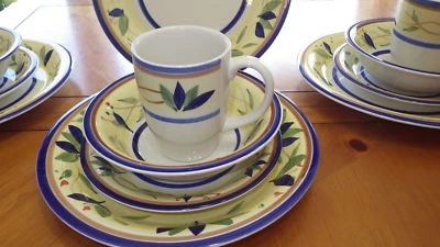 Bali Porcelain Dinnerware Set Yellow Band Blue Green leaves Service 4 15 pc set - Image 1 of 4