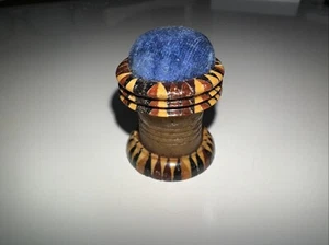 Antique Tunbridge Ware Stickware Blue Velvet Pin Cushion & Waxer 3.8cm high VGC - Picture 1 of 6