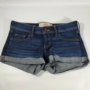 Hollister Sz 1 Short-Short Low Rise Jean Shorts Dark Denim Five Pocket Embroider - Picture 1 of 5