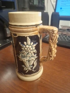 VTG Beer Stein Mug Ceramic Tankard German Tavern Scene Cobalt Blue Glaze - Picture 1 of 3