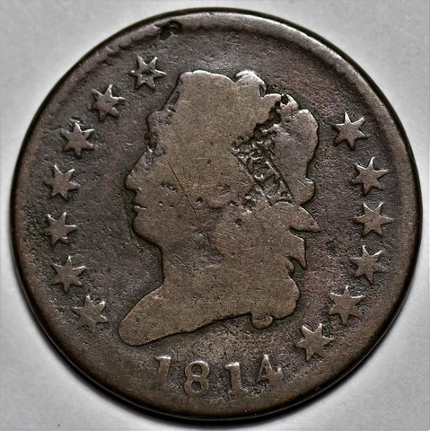 1814 Classic Head Large Cent - Crosslet 4 - Damage - US 1c Copper Penny - L37 Cover