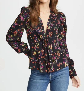 Veronica Beard Payton geblümt vorne zum Binden Seidenmischung Bluse schwarz Multi Größe 6 - Bild 1 von 9
