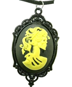 New Unique Ivory-color Mirabelle Skeleton CAMEO Pendant 18" - 20" Black Necklace - Picture 1 of 3