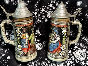 Cerveza Alemana Cerámica Vintage Stein con Tapa de Peltre Hecho en Alemania ¡¡Juego de 2!!! - Imagen 1 de 5