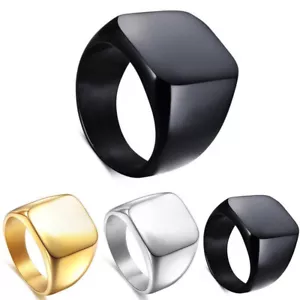 Men's Polished Square Signet Ring Stainless Steel Biker Band Jewelry Size 7-12 - Picture 1 of 17