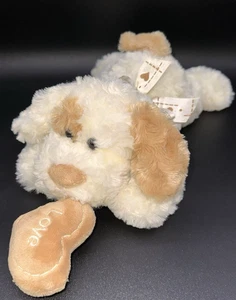 2011 Kellytoy Plüsch creme hellbraun Welpe Hund Liebe Herz im Mund Schleife liegend - Bild 1 von 10