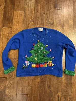 Jack B Quick Sz XL Blue 3D Green Frilly Christmas Tree Cardigan Sweater    - Image 1 of 4