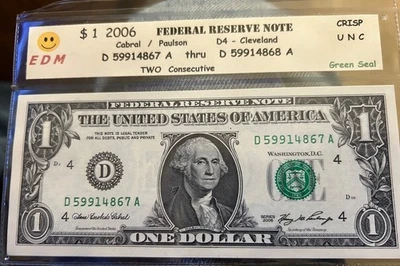 One Dollar 2006 "Two consecutive"  Federal Reserve Notes. UNCIRULATED - Image 1 of 2