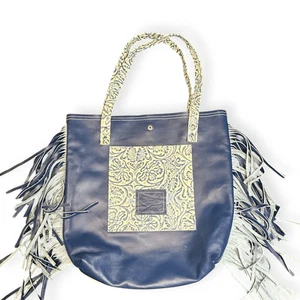 Borsa tote DANCING CACTUS DESIGNS pelle bovina frange blu lavorata Western Boho - Foto 1 di 6