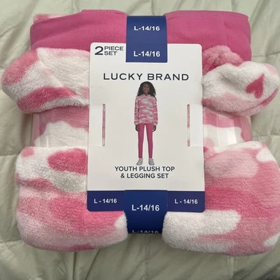 Conjunto de 2 piezas de top y leggings de felpa Lucky Brand rosa camuflaje talla L - 14/16 Foto 1 de 4